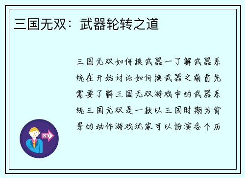 三国无双：武器轮转之道
